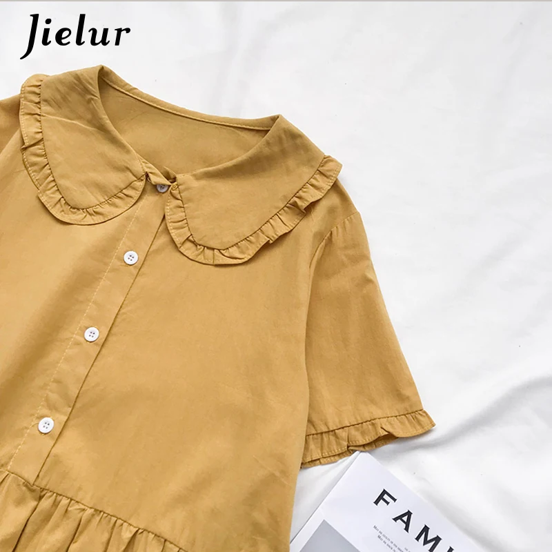 Jielur 2019 Summer Dress Women Single-breasted Pure Color Vintage Dresses Female Sweet Cute Girls Loose Purple Yellow Vestidos | Женская