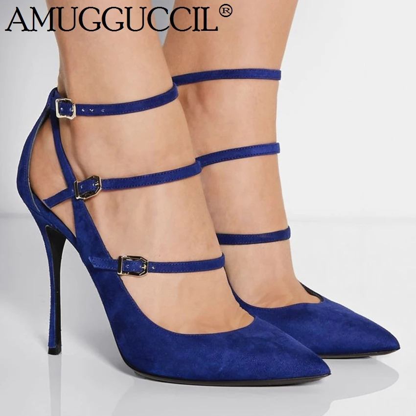 Женские туфли на высоком каблуке синие лодочки застежке большой размер 35 47