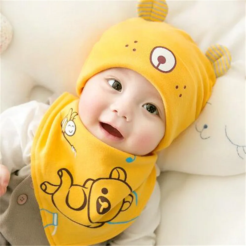 yellow bear Детский хлопковый костюм с шапкой и нагрудником Милая Хлопковая шапочка с ушками для маленьких мальчиков и девочек от 0 до 8 месяцев, bebe - Цвет: yellow bear