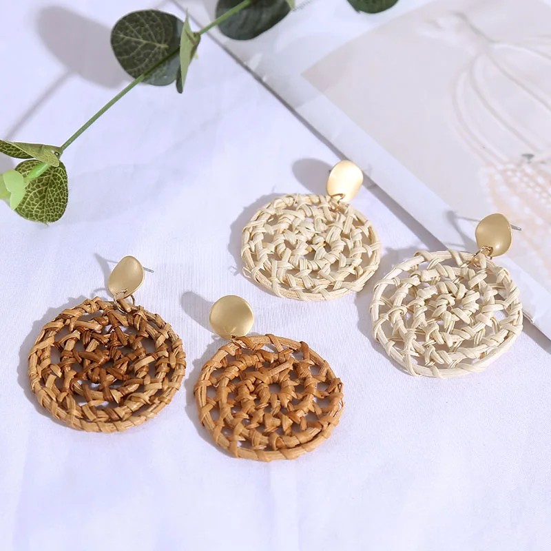 Женские деревянные плетеные висячие серьги ручной работы в стиле бохо из ротанга