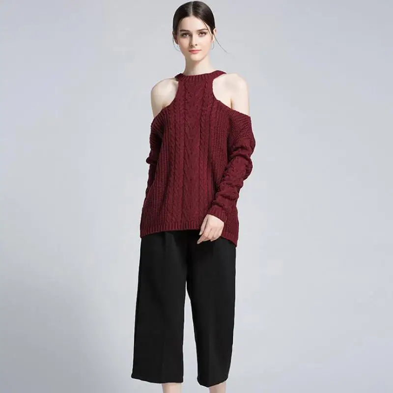 New Women's Knit Wine Red Sweater Sexy Off-the-shoulder Hollow Harajuku Long-sleeved Pullover Thick Warm Loose Clothing Female | Женская