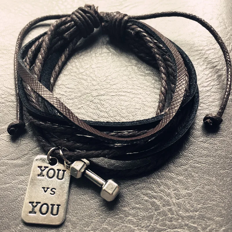 Черный кожаный браслет для мужчин Шарм гантели мужской спортзала фитнес