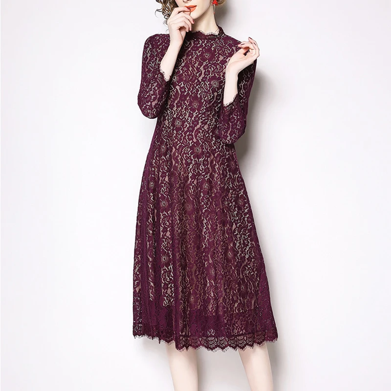 

PERHAPS U Purple Stand Collar Lace Hollow Out Hook Flower Zipper Long Sleeve A-line Elegant Knee Length Dress Autumn D1755