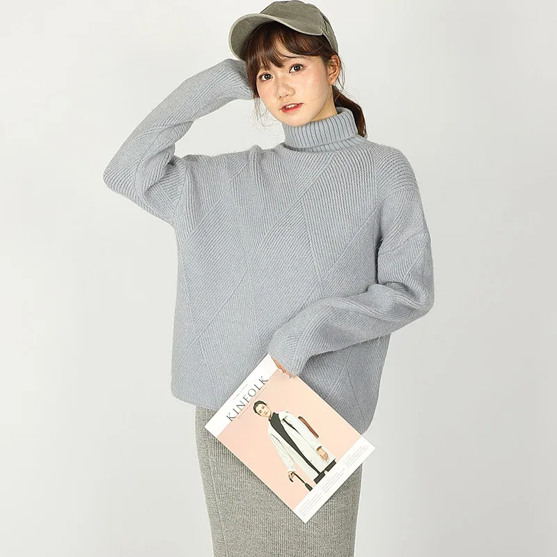 New Style Turtleneck Pullover Sweater Women 2019 Winter Loose Solid Color Long Sleeve Striped Diamond pattern sweater | Женская одежда