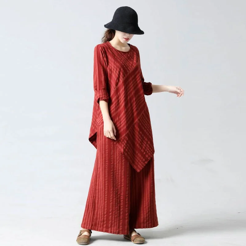 

Vintage Fall Two Piece Women Outfits Long Shirt Female Tops+Wide Leg Pants Suits Elegant Woman Cotton Retro Pant Suit AA4674