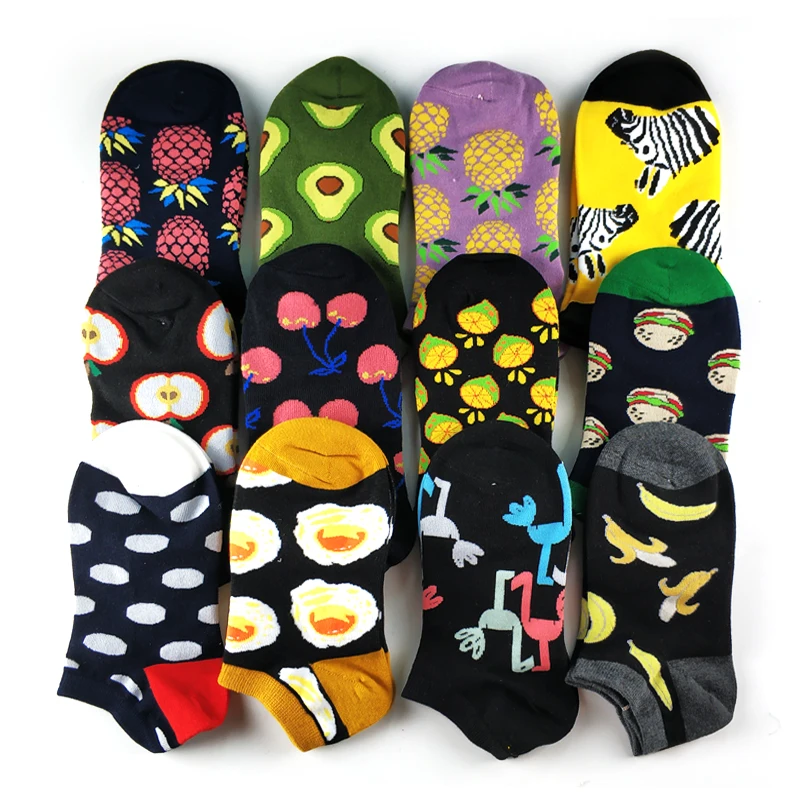 

5 Pairs/lot Animal Food Fruit Avocado Zebra Burger Omelette Flamingo Socks Happy Cotton Ankle Funny Men Women Summer Casual Sock