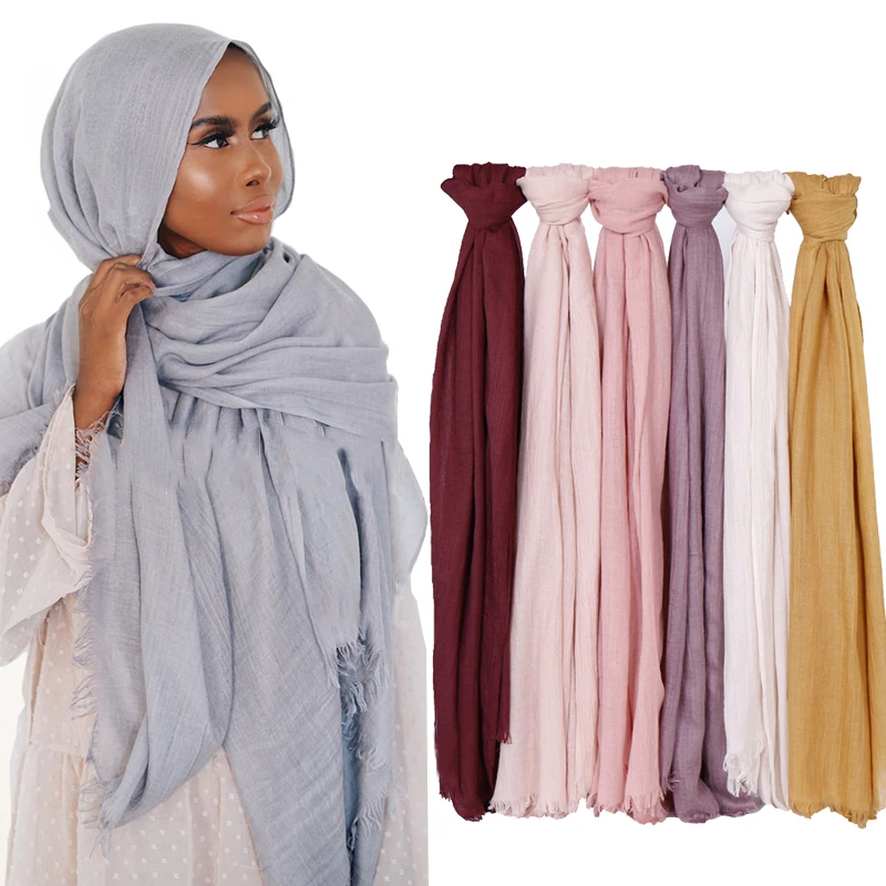 190*120cm oversize women muslim plain frayed hijab scarf femme musulman headscarf islamic shawls crinkle solid pashmina hijabs