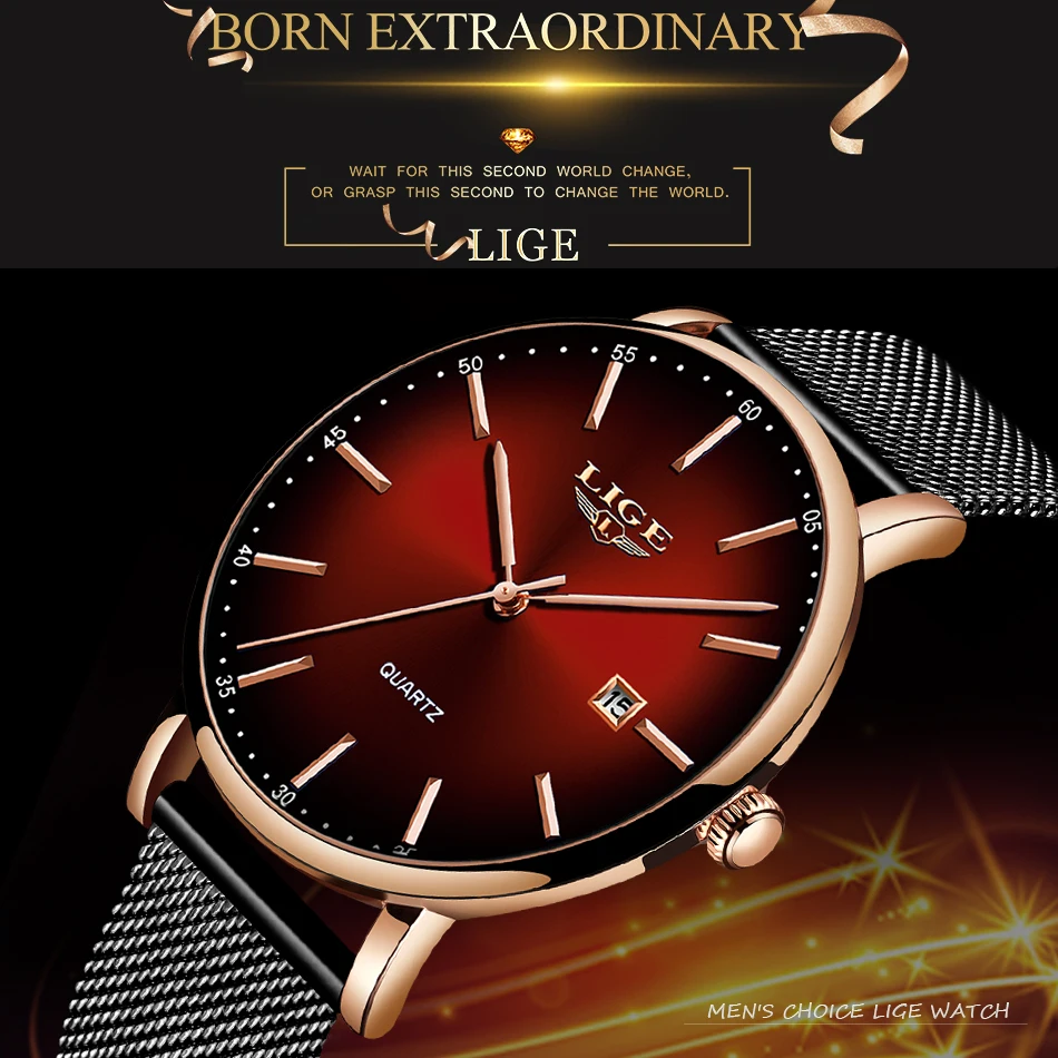 Reloj Hombre LIGE, мужские часы, Модный Топ бренд, роскошные сетчатые стальные красные деловые кварцевые часы, мужские повседневные водонепроницаемые простые часы