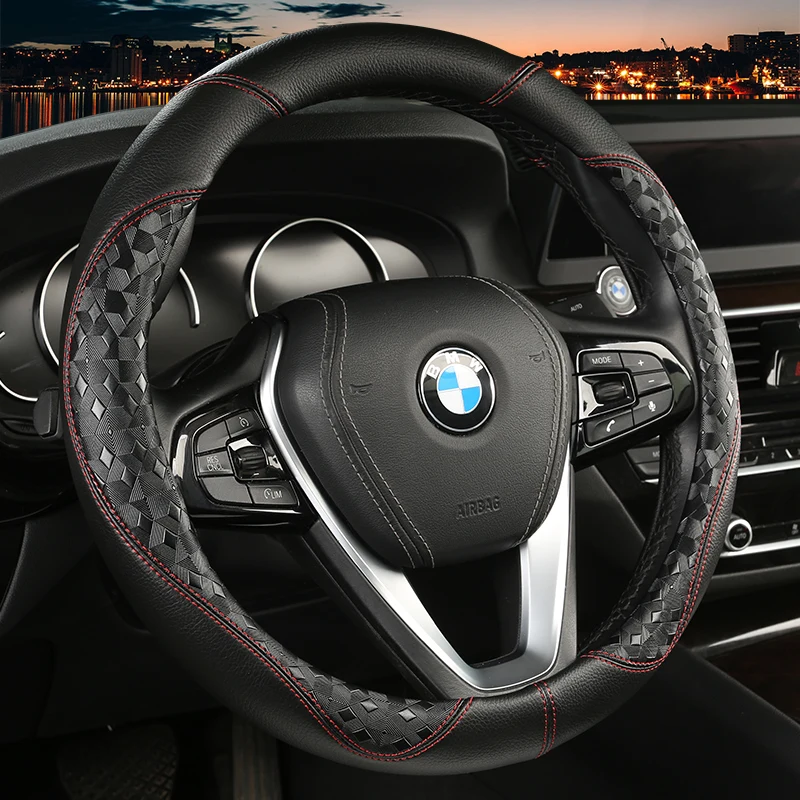 Углеродное волокно кожа Чехол рулевого колеса автомобиля 38 см Нескользящая