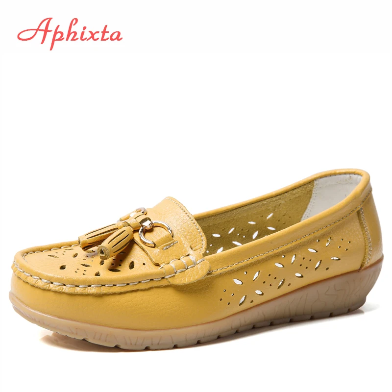

Aphixta 2019 Big Size 44 Women Flats Shoes Woman Genuine Leather Shoes Women Cutout Loafers Slip On Boat Flats Natural Leather