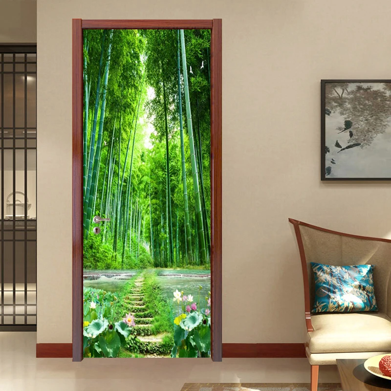 ПВХ дверь Наклейка 3D Природа Пейзаж бамбуковый лес путь обои гостиная кухня