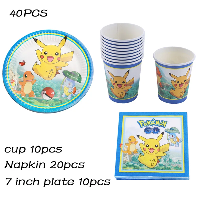 40PCS B Set Pokemon Go Пикачу принадлежности для тематической вечеринки посуда тарелка воздушные шары салфетка чашка для детского душа вечерние украшения для дня рождения - Цвет: 40PCS B Set