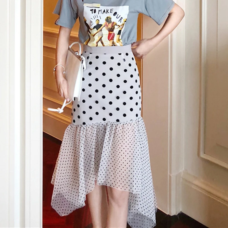 Возможно у серая сетчатая Лоскутная юбка средней длины в горошек Повседневная