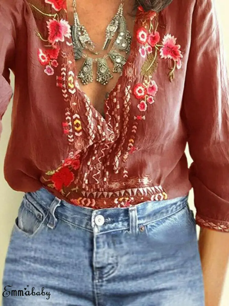 Новинка хит продаж большие размеры Boho женские летние топы с цветочной вышивкой