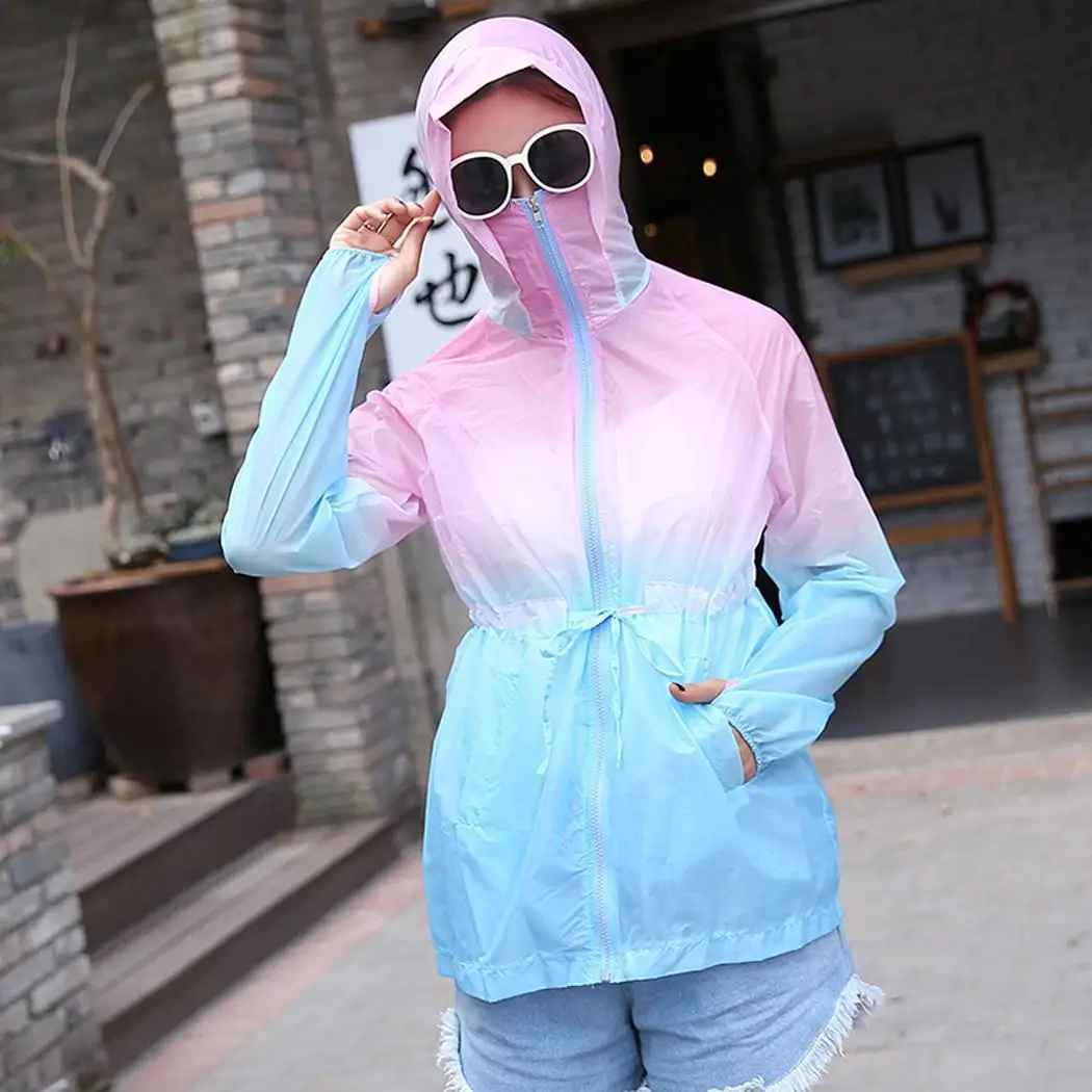 Women Casual Long Sleeve High Collar Hooded Loose Gradient Color Ultra-light Sun Protection Coat Regular | Женская одежда