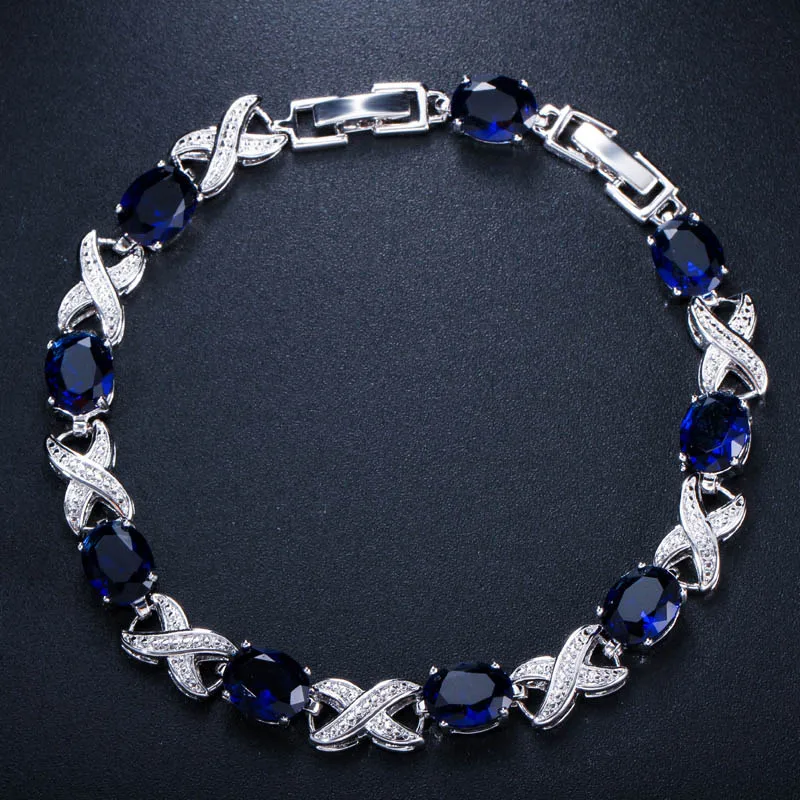 blue CWWZircons Высокое качество Серебряный цвет крест Круглый Кубический Цирконий для женщин звено цепи браслеты для свадьбы свадебные аксессуары CB008 - Окраска металла: blue