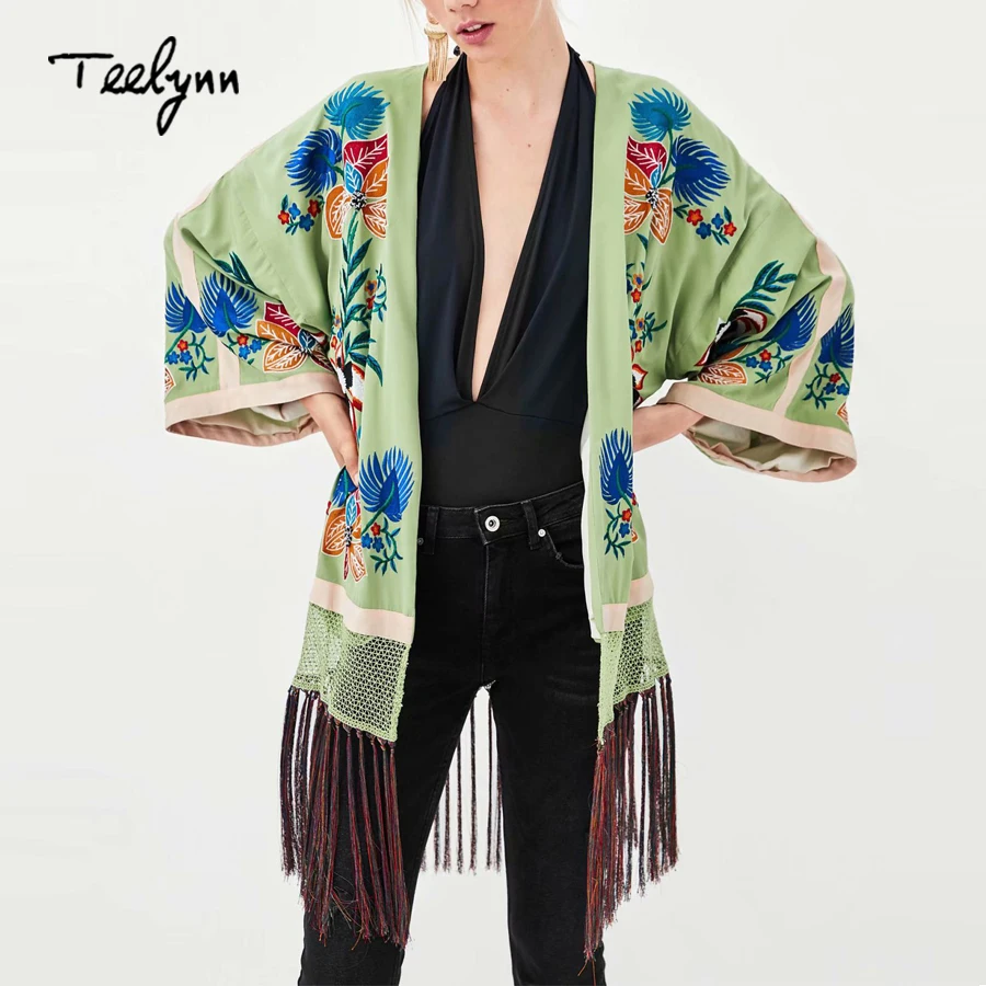 Женское пальто Бохо с цветочной вышивкой TEELYNN Зеленое Длинное хиппи расклешенным