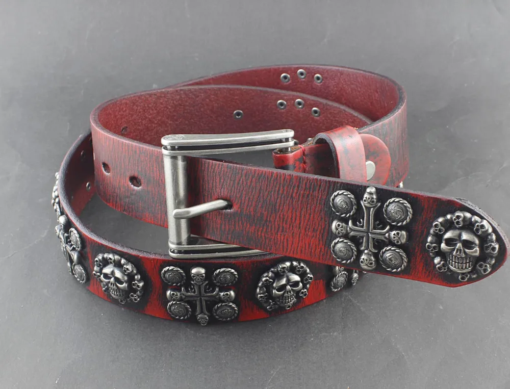 Мужской винтажный ремень Goth Skull Cross красный из натуральной кожи в байкерском