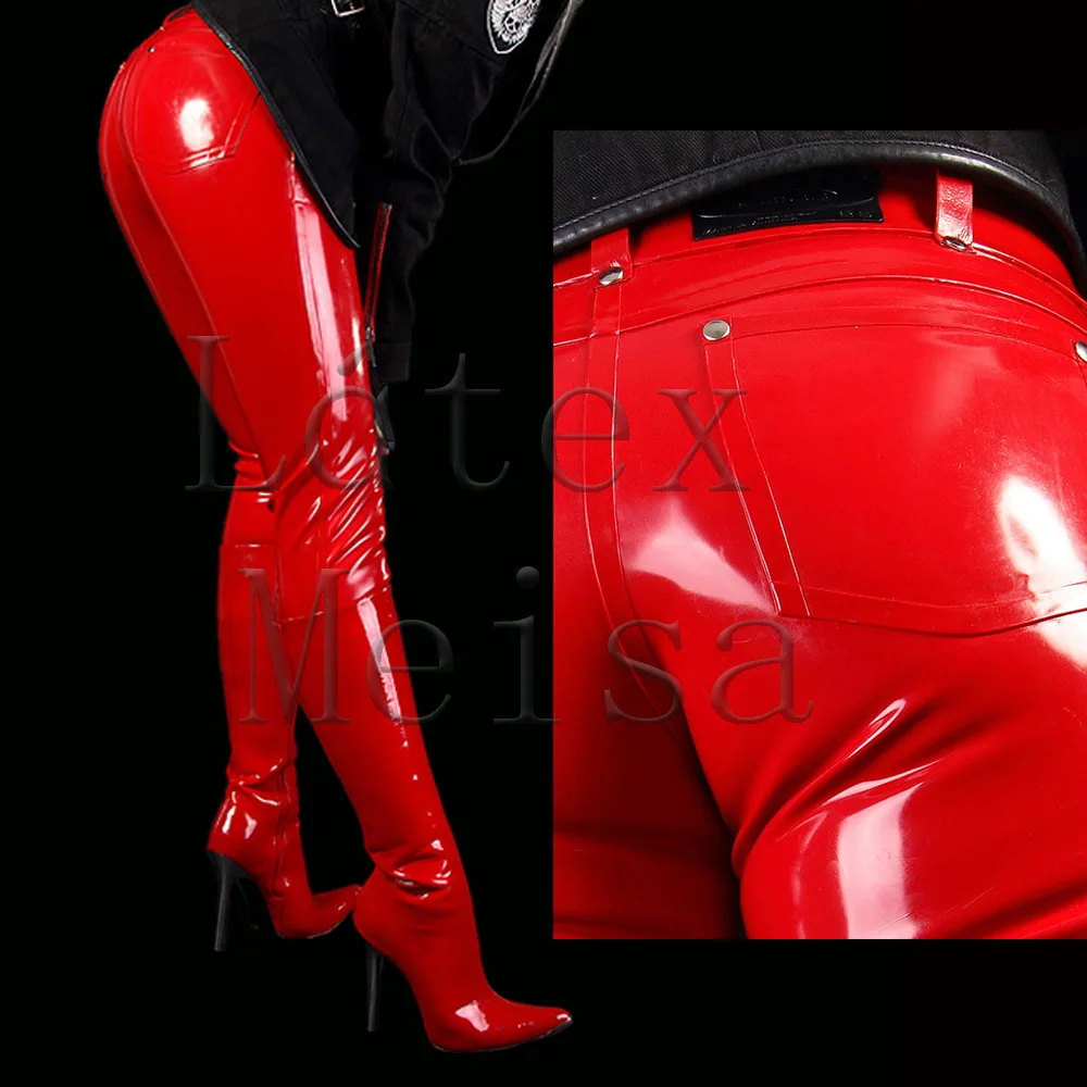 Latex Meisa skinny latex pants  with back pockets decoration no zip in red color