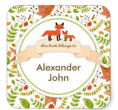 

1.5inch Woodland Creatures Fox Book plates fall leaves Square Sticker