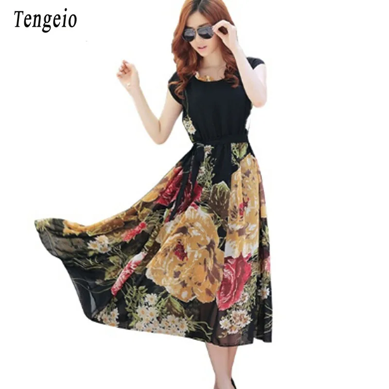 Tengeio большой цветок Boho Костюмы 2018 летнее платье Для женщин Туника элегантный