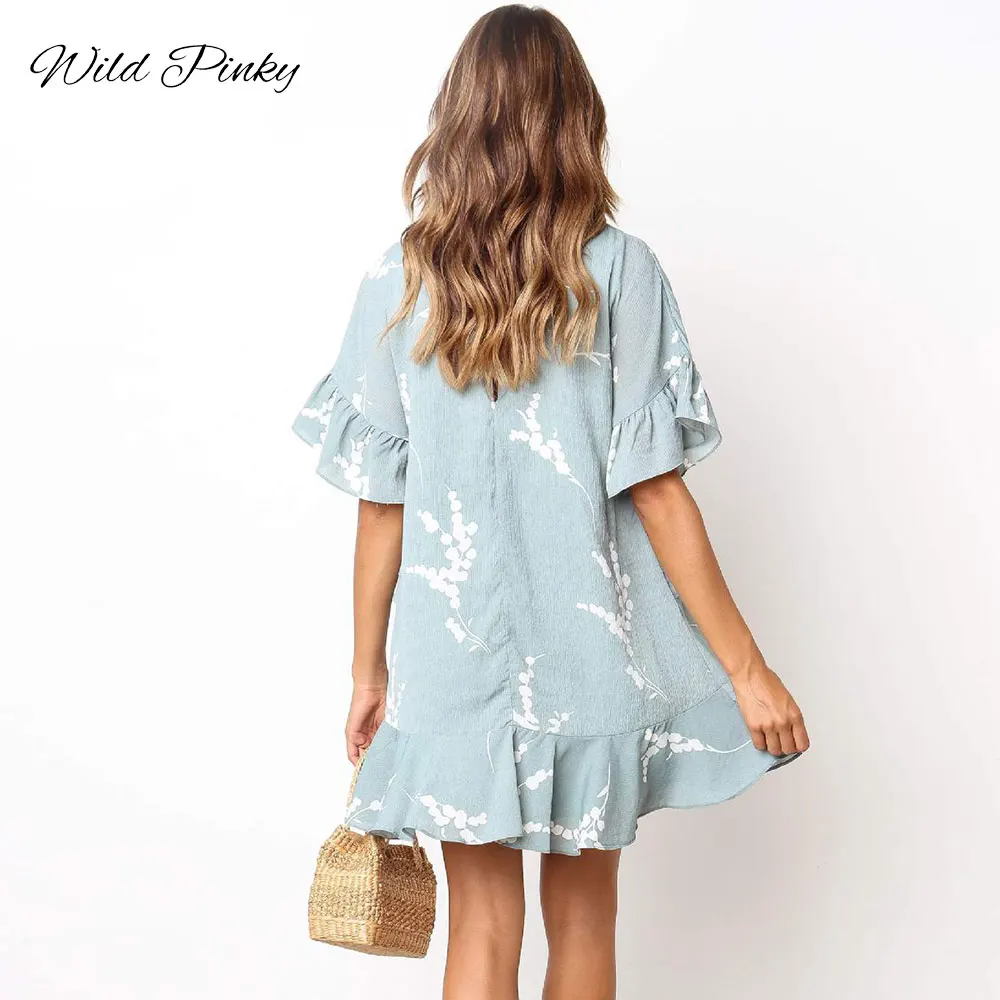 WildPinky Boho Элегантный принт оборками женское платье короткий рукав свободные