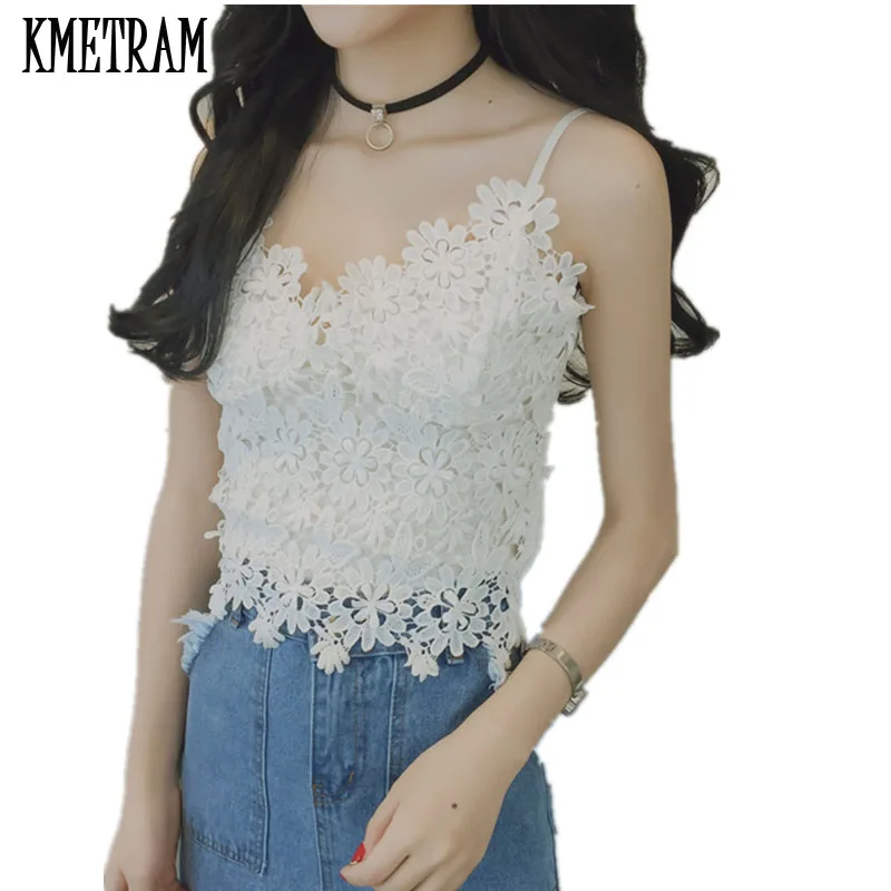 Женский укороченный топ на бретельках белый кружевной с бретельками черный YJZ081