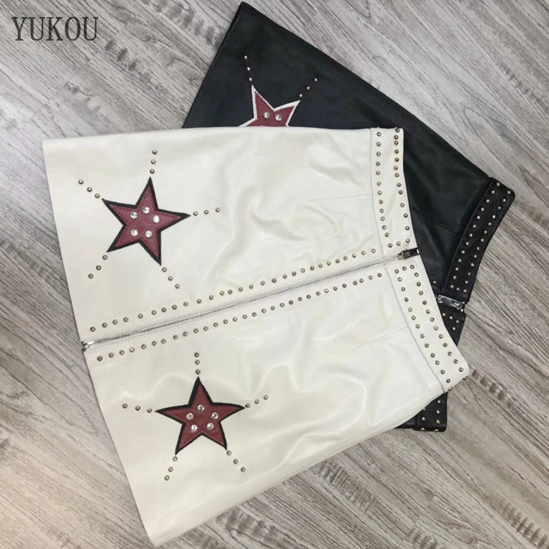 Короткая юбка из овчины, натуральная кожа, модная, с заклепками, пятиконечная звезда, женский короткий дизайн, настоящая тонкая юбка