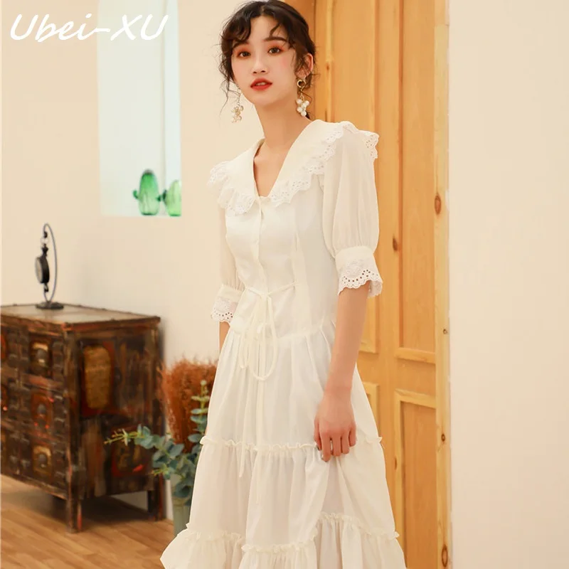 Ubei/Новинка летнее платье в стиле корта французское винтажное с кружевным краем
