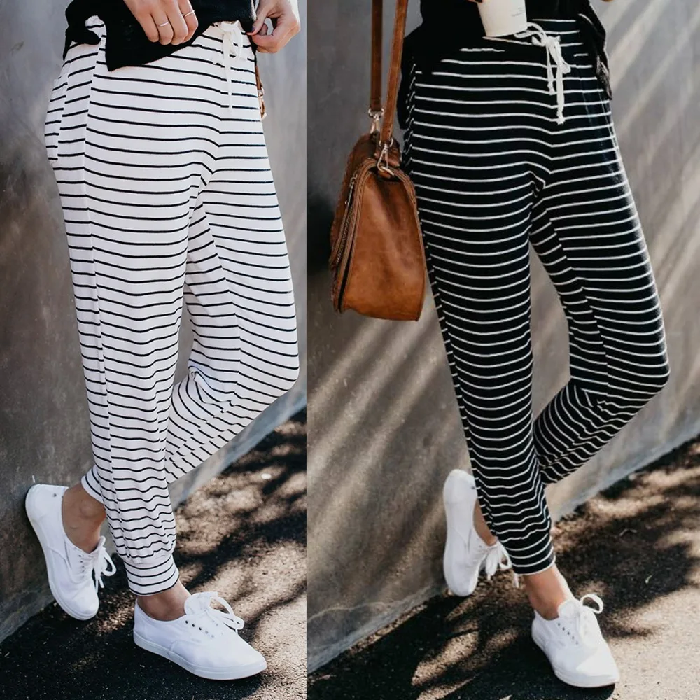 Брюки карандаш женские повседневные с завышенной талией модные штаны в полоску
