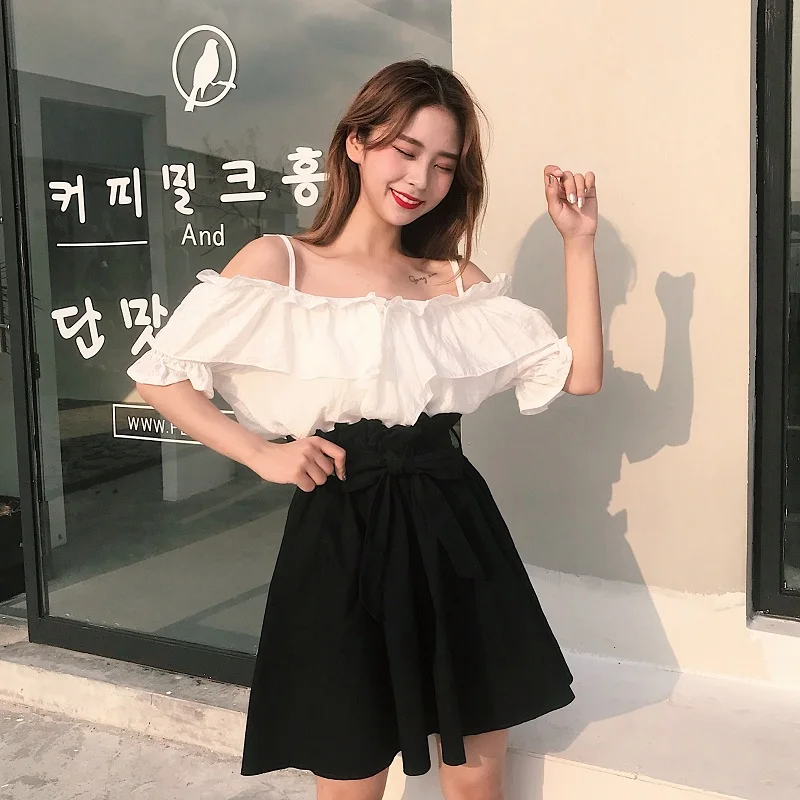 Женские рубашки Ulzzang японский кавайный женский гофрированный с открытыми