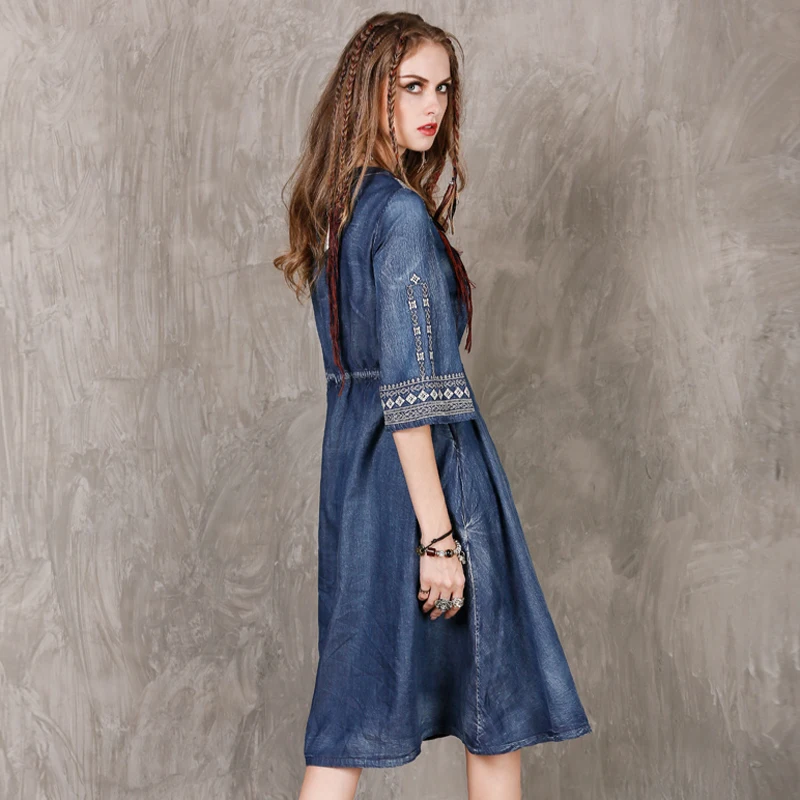 Платье женское осеннее с треугольным вырезом и коротким рукавом|denim women dress|women