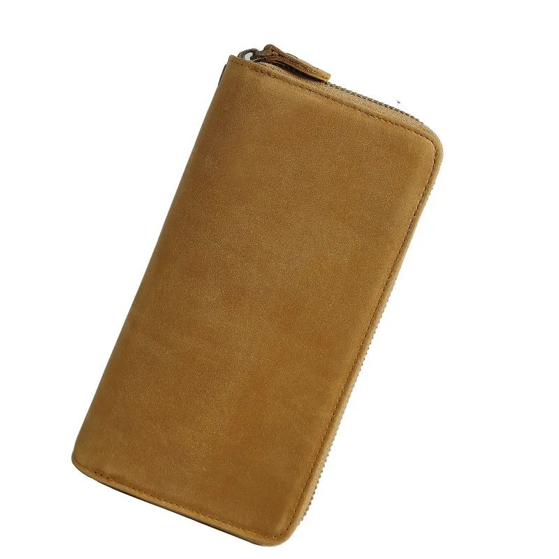 Imported Head Layer Cowhide Both Zipper Men Clutch Wallet Genuine Leather Male Long Purse Vintage Man Notecase PR084009 - Цвет: KHAKI