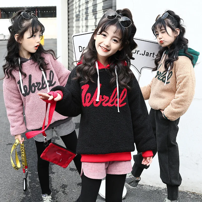 

Girls 6-12 Years Casual Hooded Long Sleeve Pullover Coat Letters Pattern Fashion Double Thick Fleece Cashmere Hoodies Sweaters