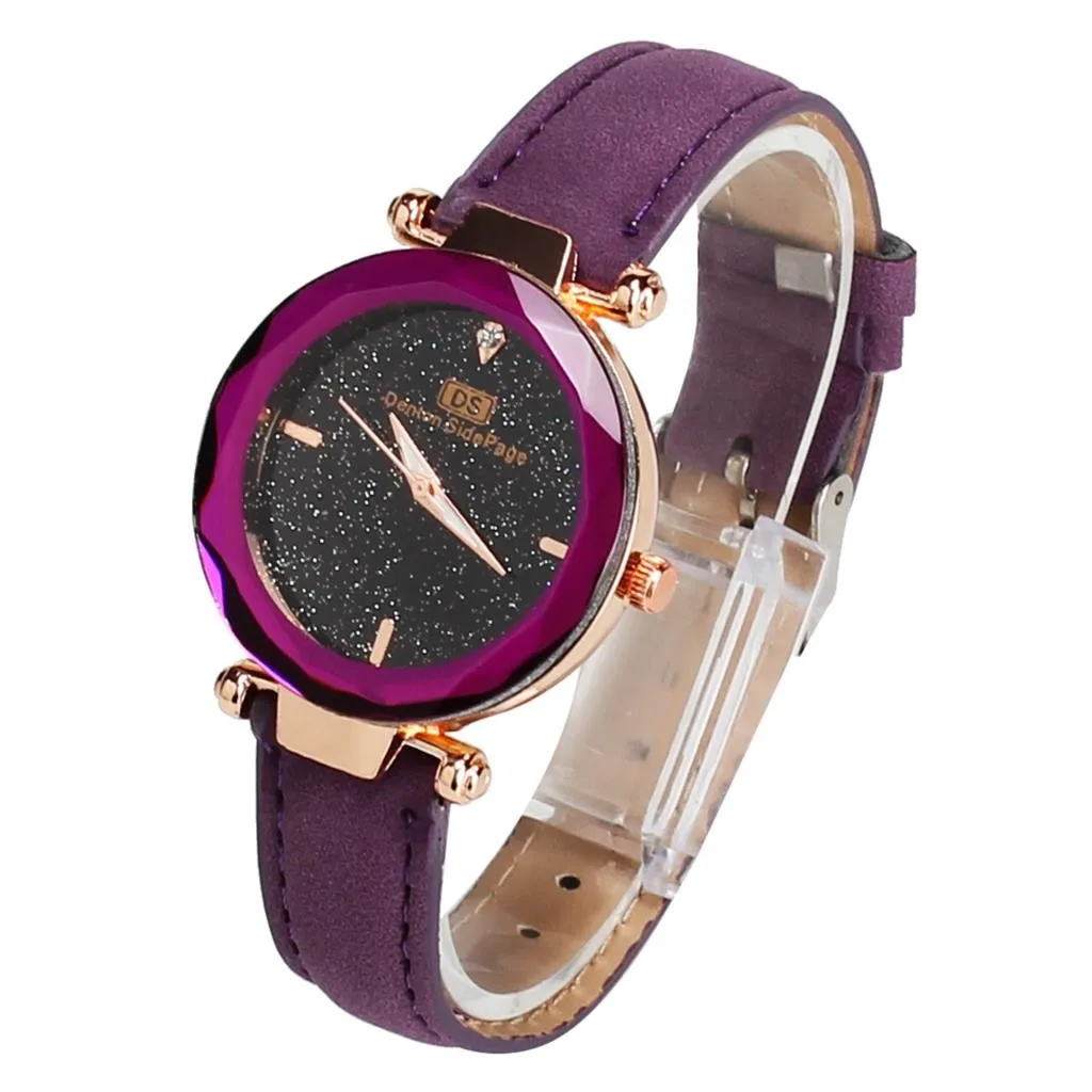 Purple Изысканные женские часы Звездное небо женские кожаные кварцевые наручные часы Элегантные женские часы с браслетом часы Montre Femme - Цвет: Purple