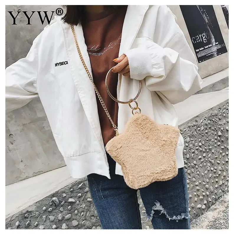 

Fashion Plush Handbag Quality Chain Bag Crossbody Shoulder Women Bag With Extra Hanging Strap Big Round Ring Handbags Female