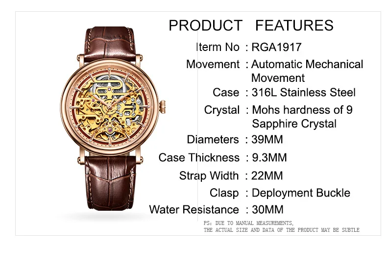 Reef Tiger/RT Мужские Винтажные деловые автоматические часы с каркасным циферблатом цвета розового золота с коричневым кожаным ремешком RGA1917