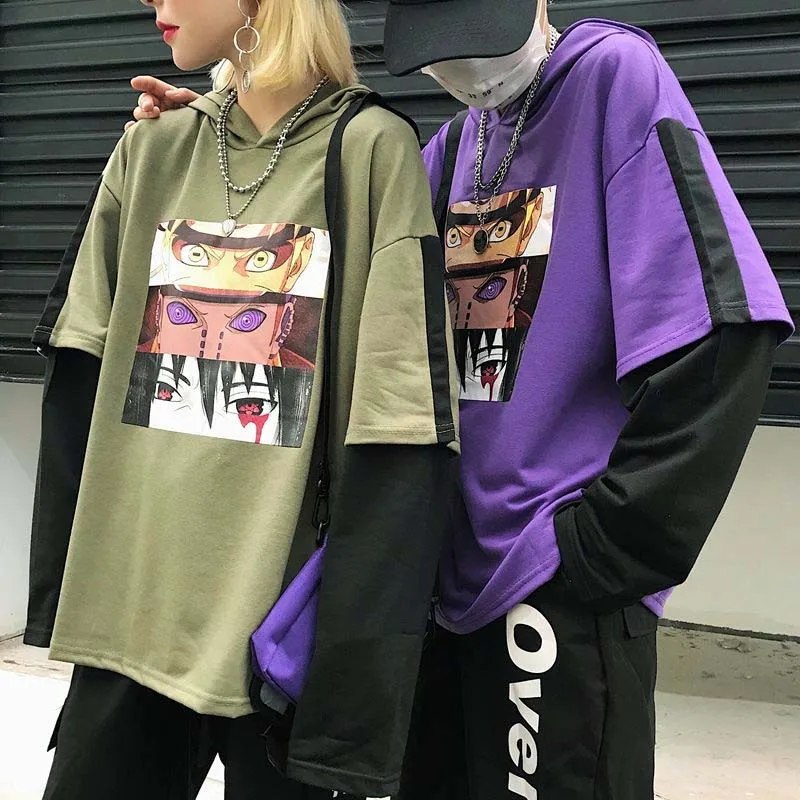 NiceMix Harajuku Толстовка для женщин Лоскутные пуловеры поддельные 2 шт. принт японские комиксы унисекс Джемперы Pull Femme Джерси Mujer