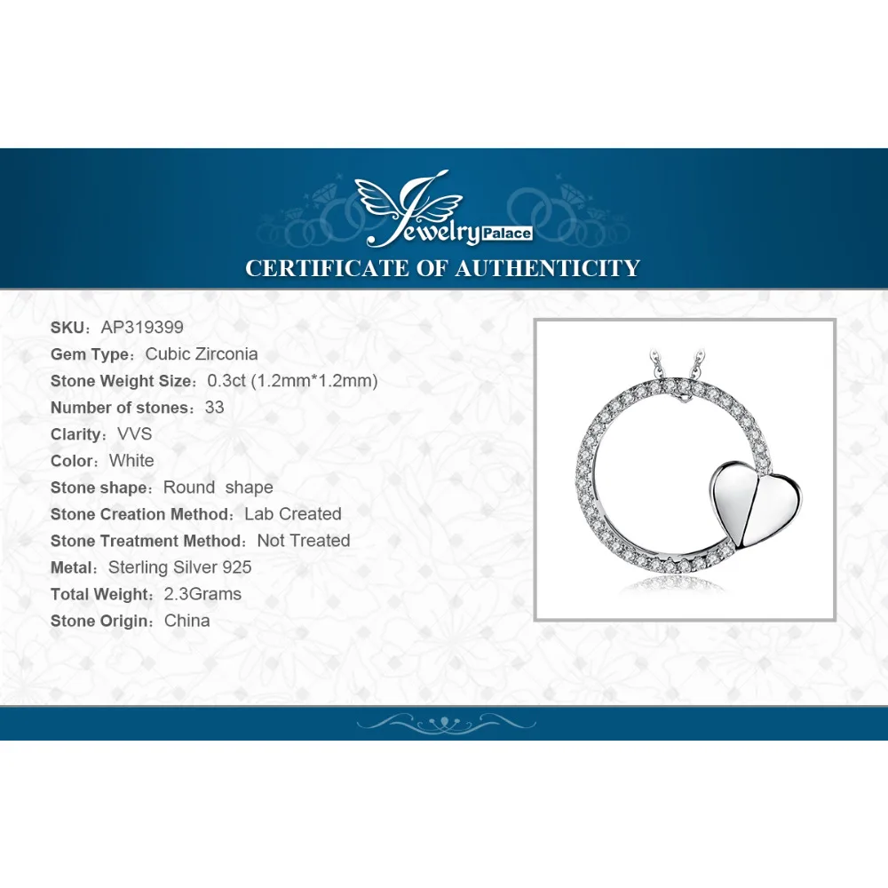 JewelryPalace Forever Love 0.3ct кубического циркония кулон сердце 100% 925 пробы silve модные