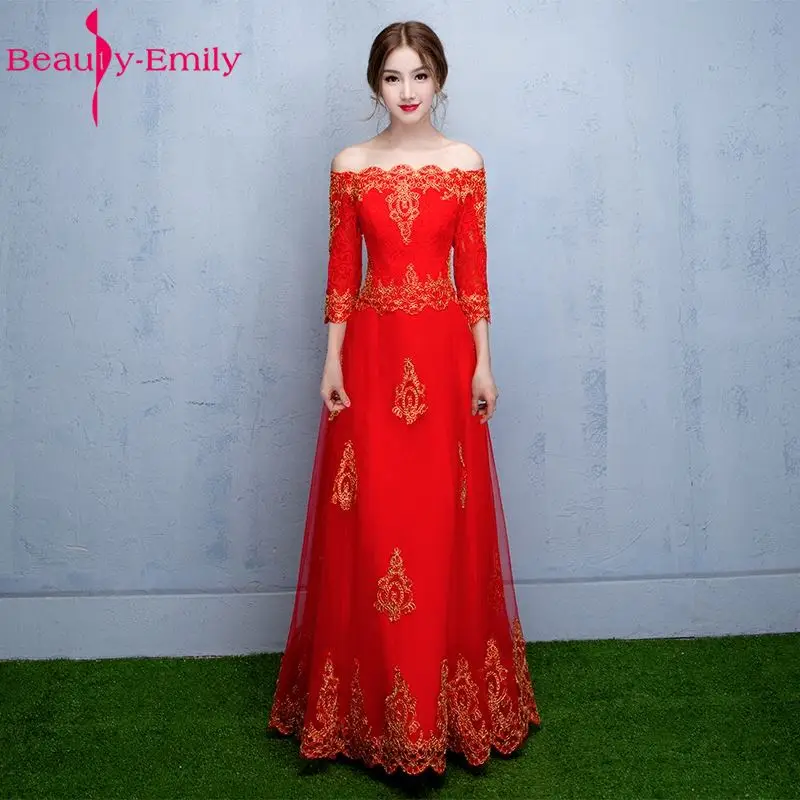 Красивые красные вечерние платья Emily с аппликацией Длинные 2020 вырезом лодочкой и