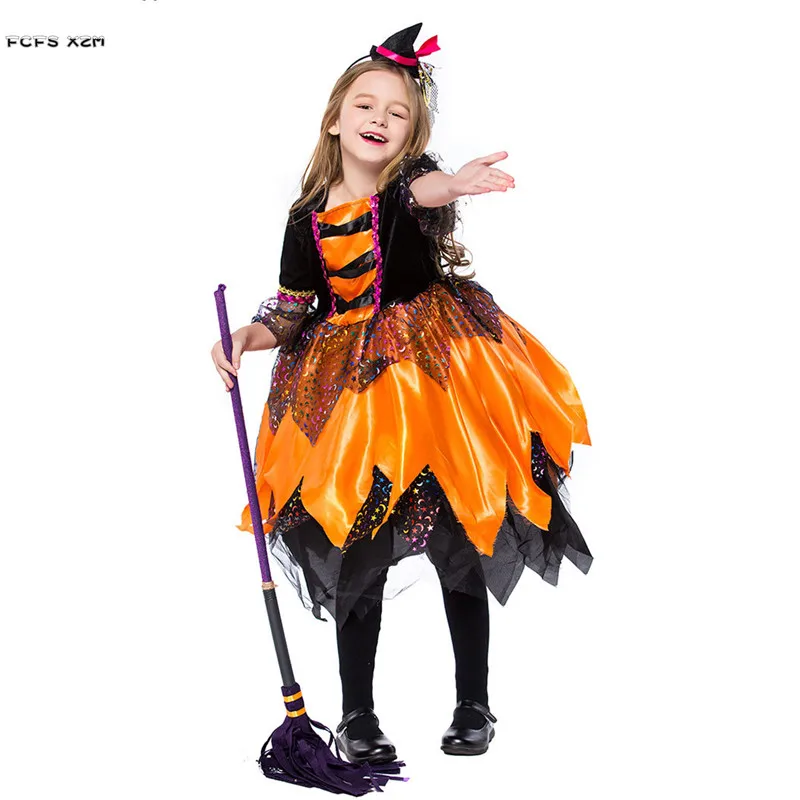 S-XL Girls Halloween Sorceress Costume for Children kids Magician Witch Cosplay Carnival Purim stage show Masquerade party dress |