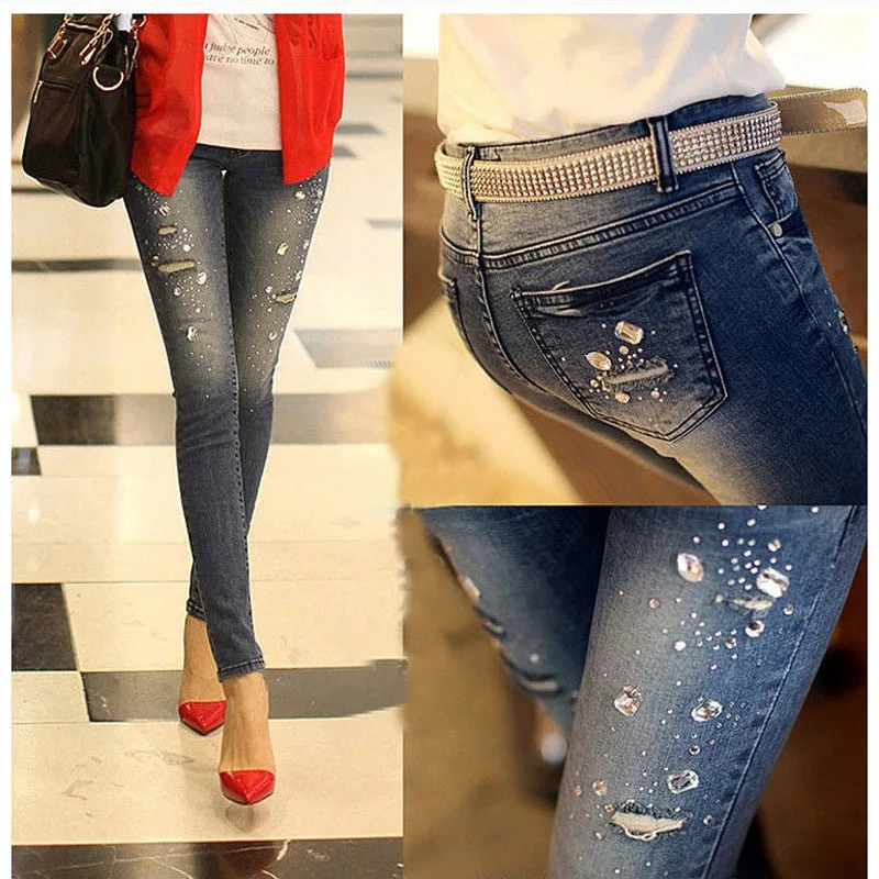 Новинка сезон осень-зима женские рваные джинсы со стразами и бисером джинсовые