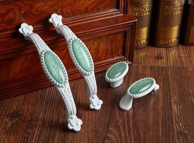 

2 pcs White Dresser Knob Drawer Pull Knobs Green Porcelain Kitchen Cabinet Door Handle Furniture Hardware