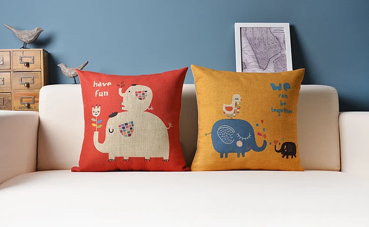 Льняная подушка в скандинавском стиле с изображением слонов|cotton cushion|decorative sofa