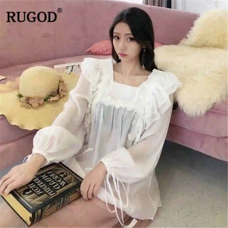 RUGOD/2019 элегантные женские блузки с рукавами-фонариками белые в Корейском стиле