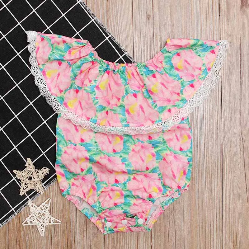 Rorychen Brand 2019 New Summer Toddler Baby Girls Romper Off Shoulder Petal Sleeve Floral Pink Jumpsuit 4-24M |