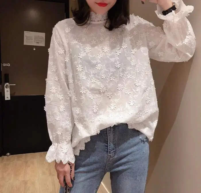 

Lamtrip 3D Floral Stitch Sweet Romantic Face Flower Lacing Ruffled Collar Shirt Long Sleeve White Blouse Female 2020 New