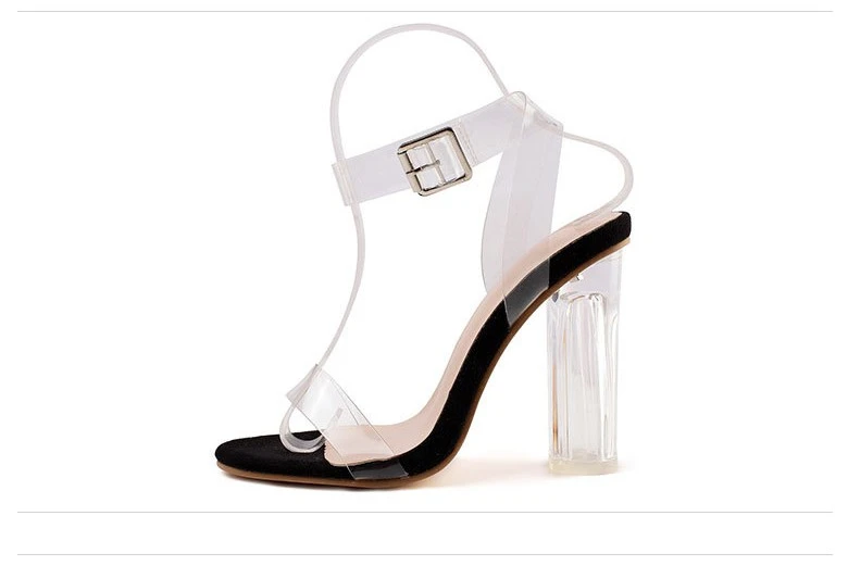 JIANBUDAN/ Transparent sexy High heel sandals women's summer office shoes Ankle buckle Open Toe Pumps 10cm Round Heels sandals
