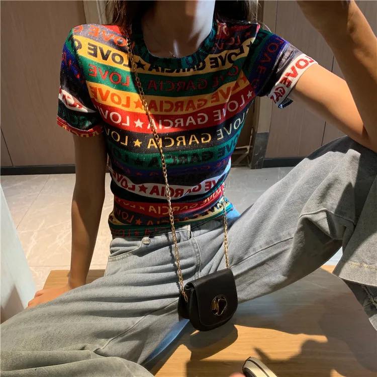 short sleeve Новинка, Весенняя женская футболка, Женская разноцветная Радужная футболка с буквенным принтом, женские футболки, повседневные дизайнерские сексуальные полосатые футболки, Vestidos NS384 - Цвет: short sleeve
