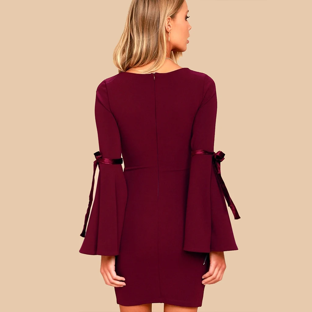 

Vintage Dress Women Patchwork V-Neck Pencil Dress Half Flare Sleeve Mid Party Dress 2019 New Spring Solid Chic Dresses